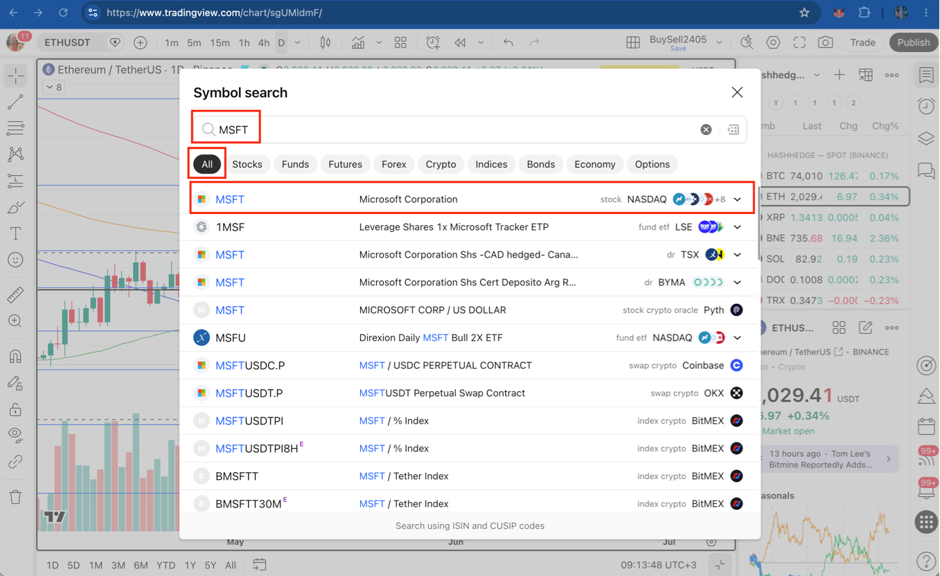 Paghahanap ng MSFT coin sa TradingView