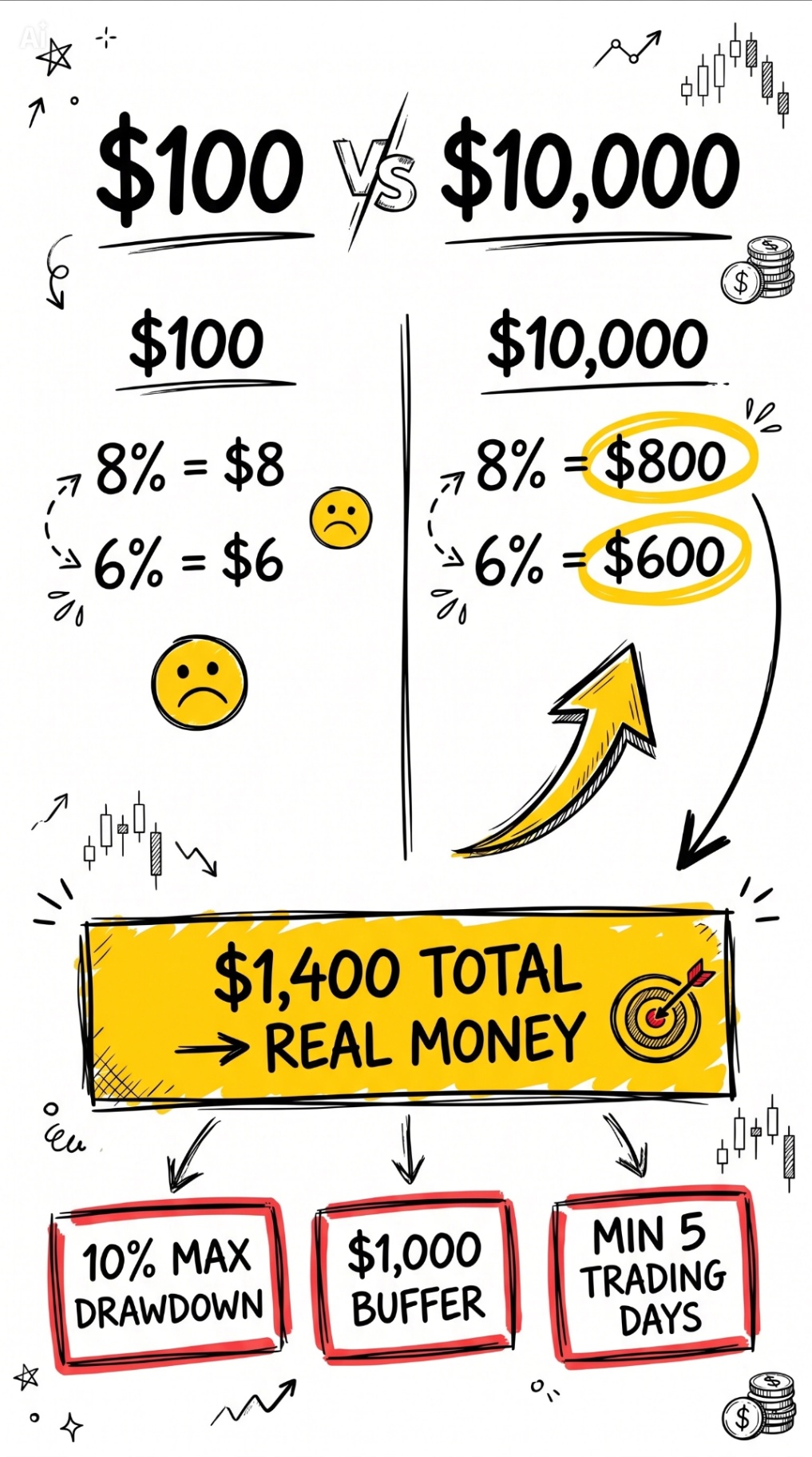 But on a $10,000 deposit, the same eight percent is already $800. Six percent is $600. In total, for two phases, you need to earn $1,400 to get access to real capital under management.