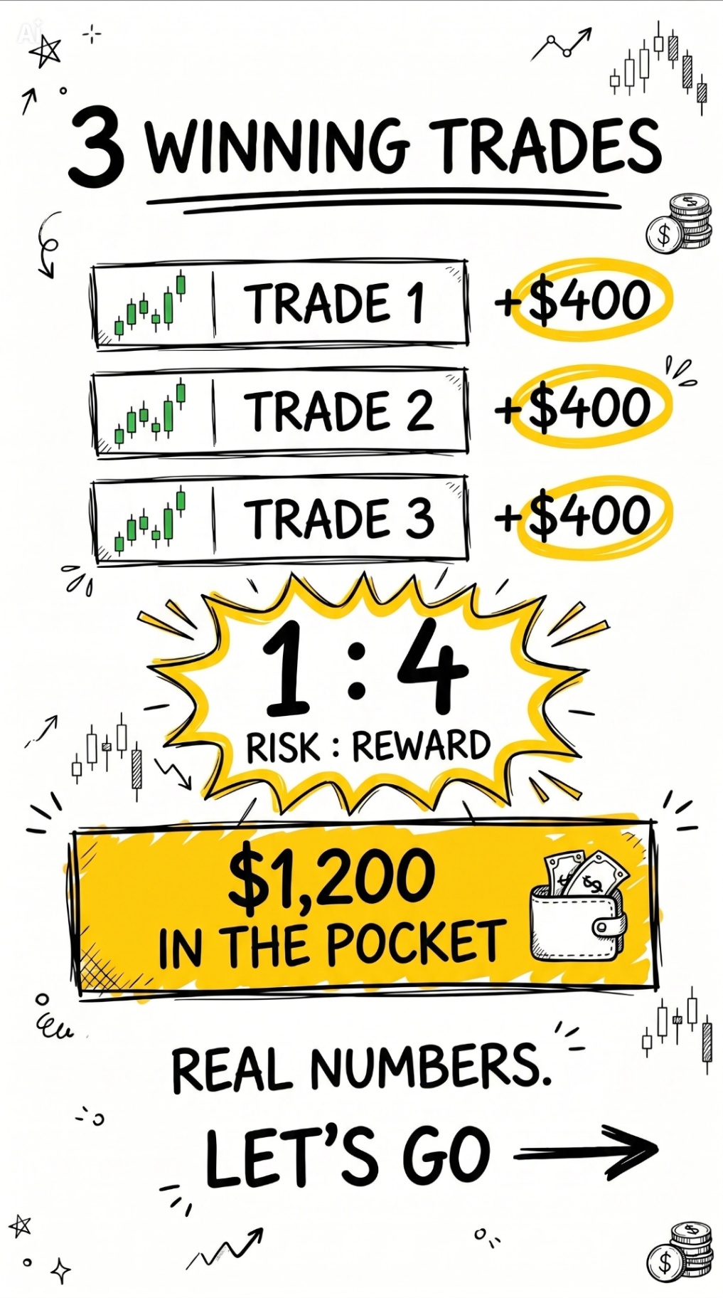 With a $100 risk per trade and a 1:4 R/R ratio, one successful trade yields $400.